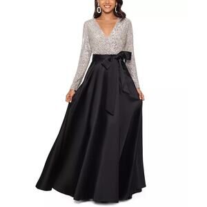 Xscape Sequined Top Ball Gown Dress Long Sleeves Black/Silver Size 12P NWT